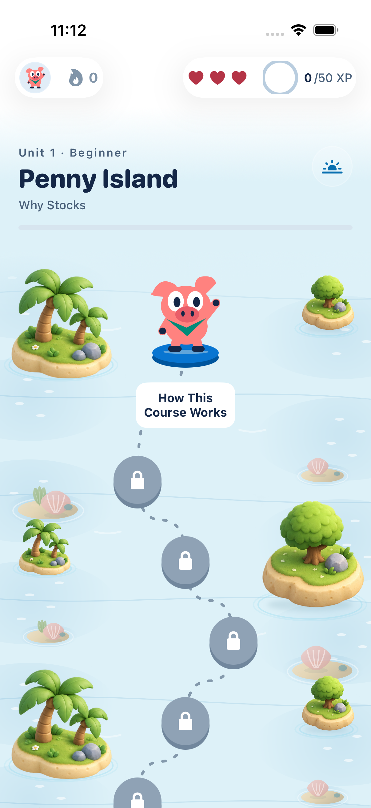 App development preview of the Beginner learning island with Penny and lesson nodes