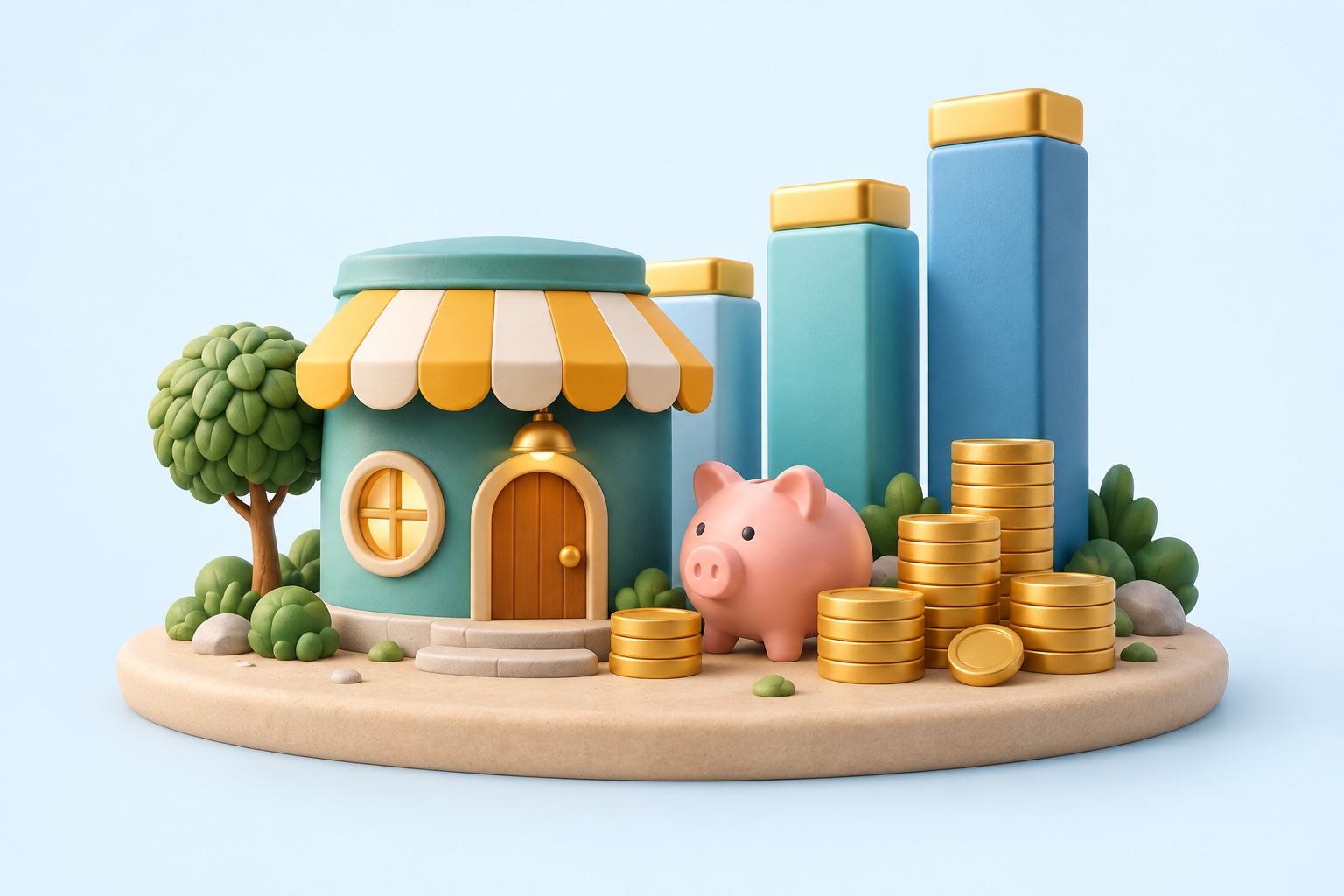 A miniature business, a piggy bank, and growing stacks of coins, sculpted in soft three-dimensional forms